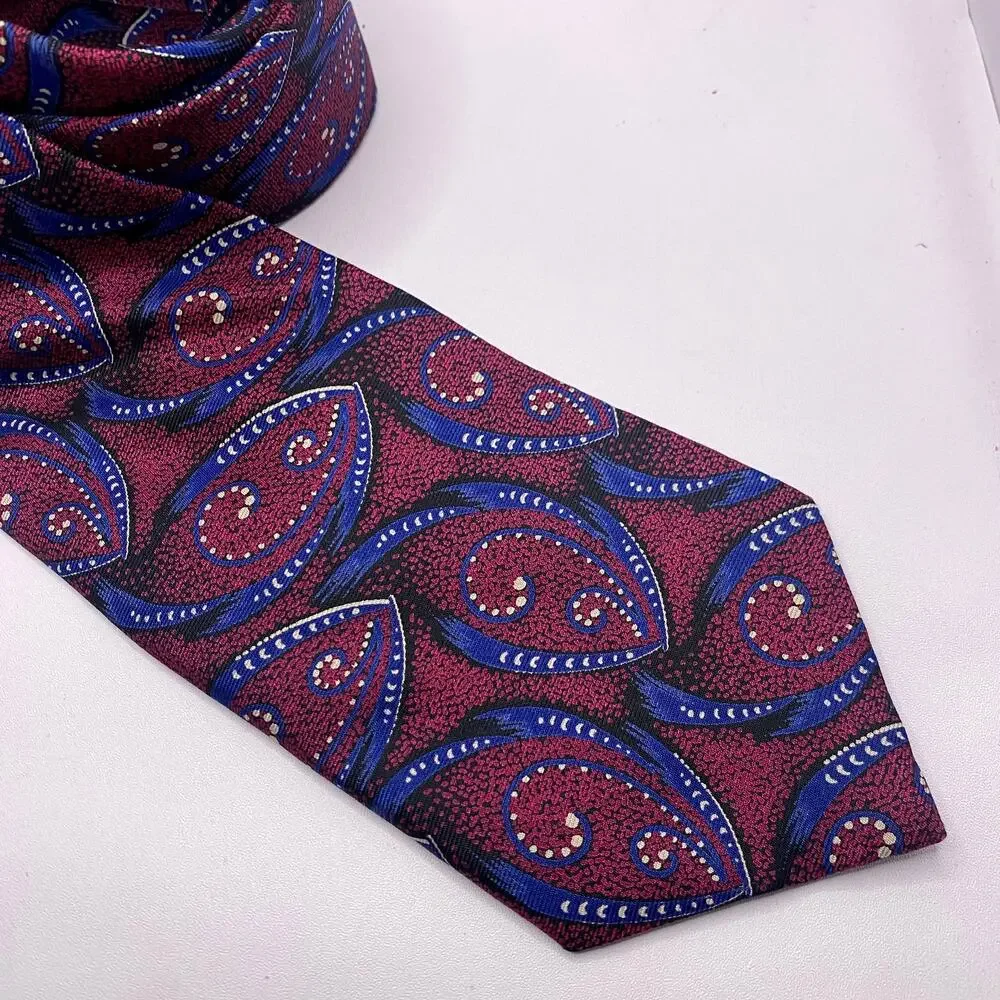 Oscar de la Renta Couture Silk Tie Paisley Pattern Burgundy Blue